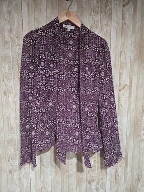 Derek Lam Collection Purple Boho Ikat Print Tie Neck Blouse Size 4